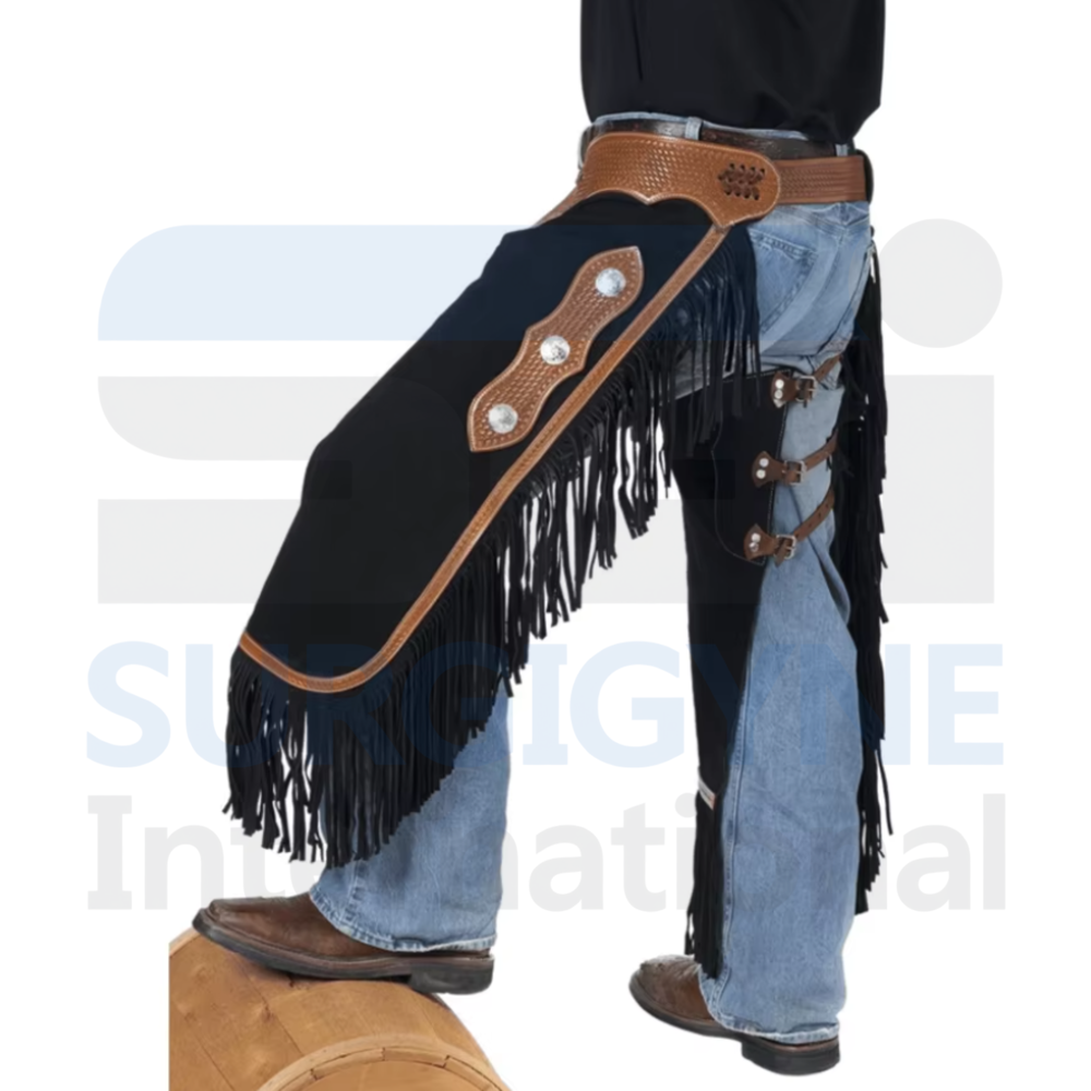 Western Hand Tooled Leather Chap with Fringes